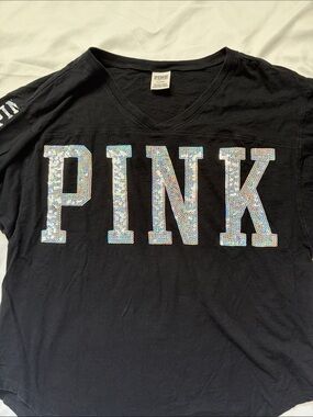 PINK Victoria's Secret Black Sequin Logo V-Neck Tee